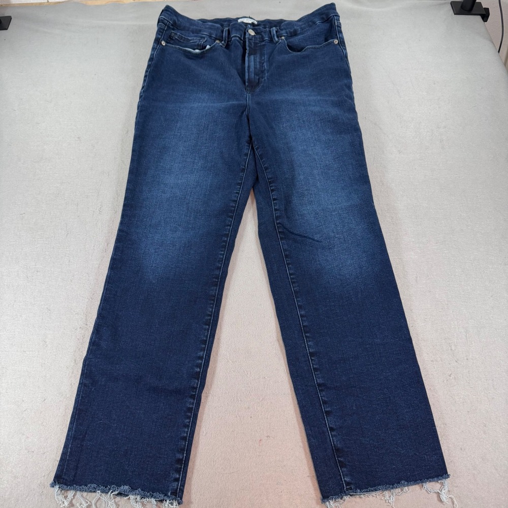 Good American High Waist Straight Leg Jeans Dark Wash Raw Hem Womens 10